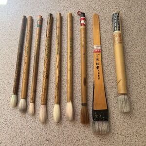 9 Vintage Chinese Japanese Calligraphy Paint Real Hair Brushes Bamboo